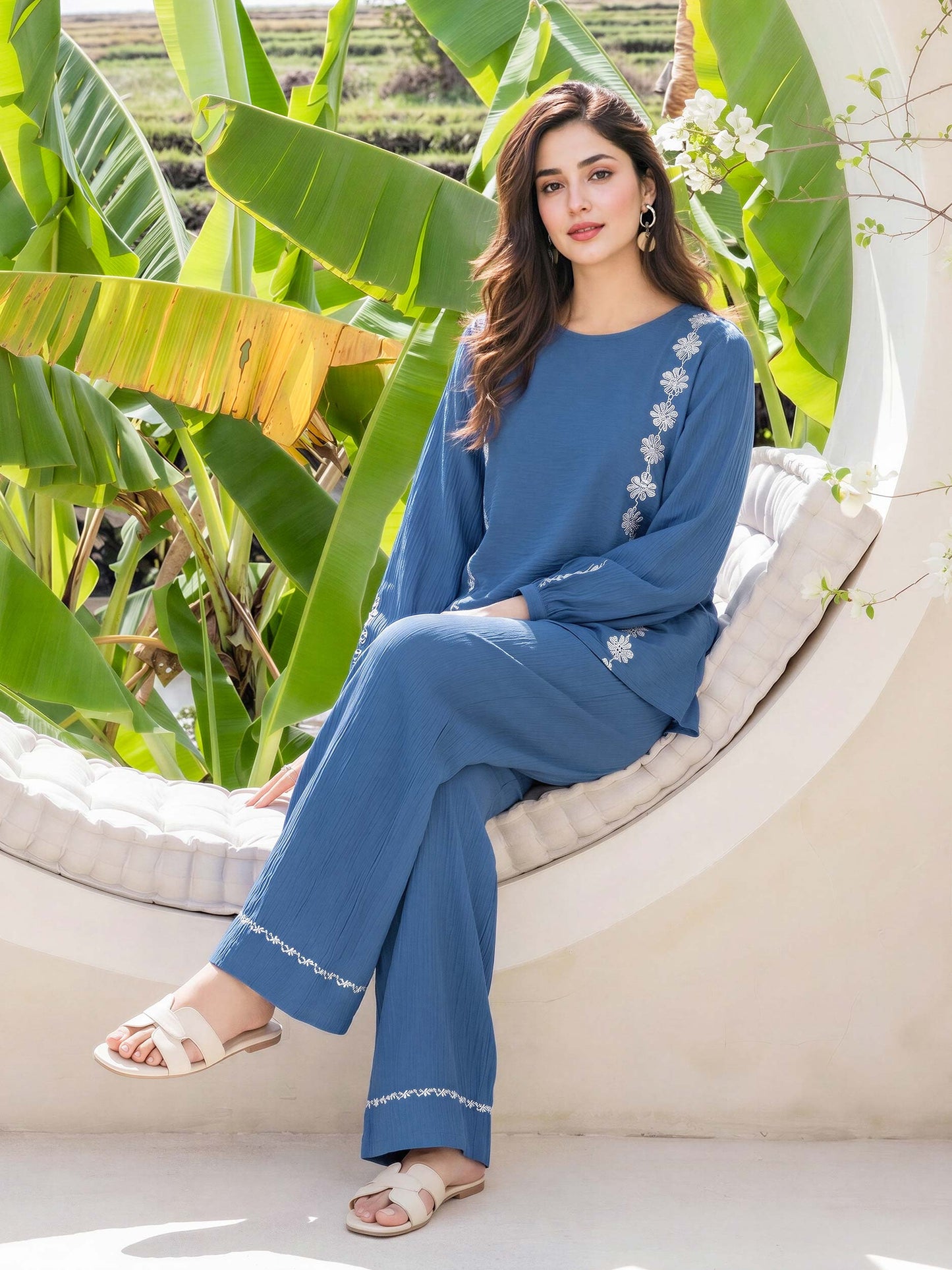 Textured Cotton Co-ord Set- Embroidered