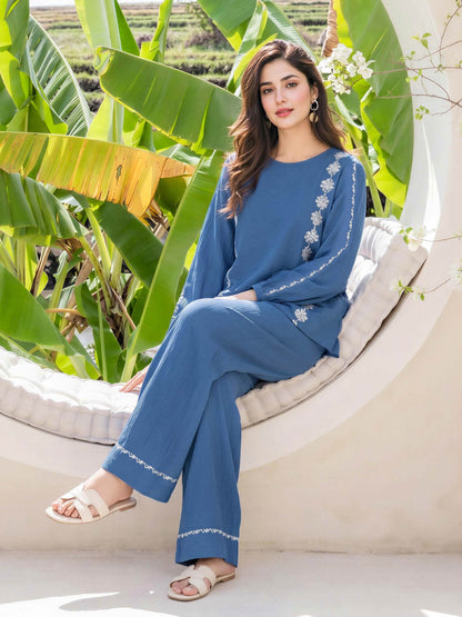 Textured Cotton Co-ord Set- Embroidered