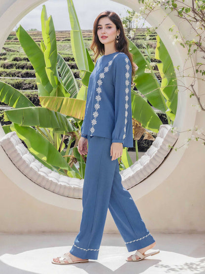 Textured Cotton Co-ord Set- Embroidered