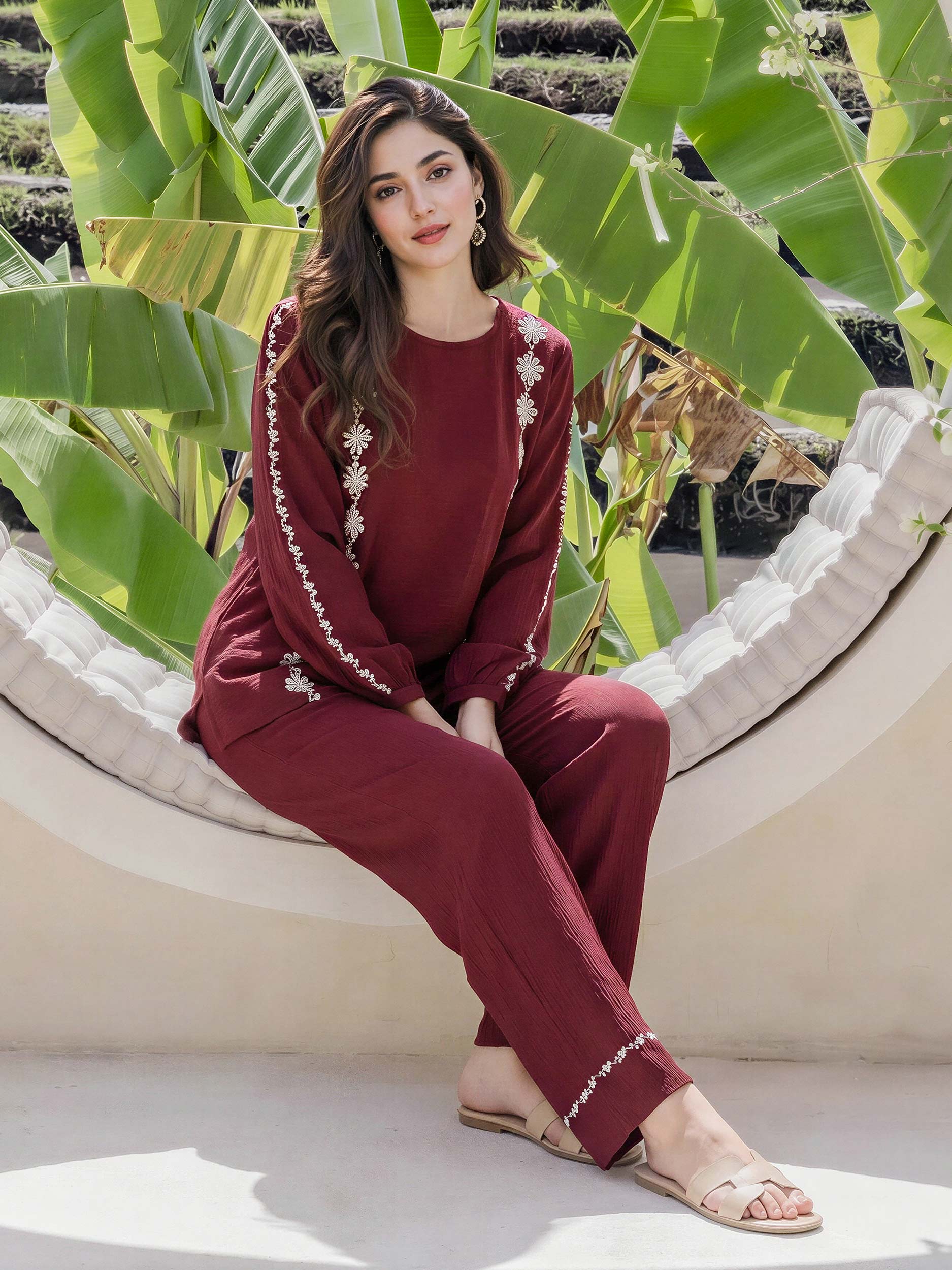 Textured Cotton Co-ord Set- Embroidered