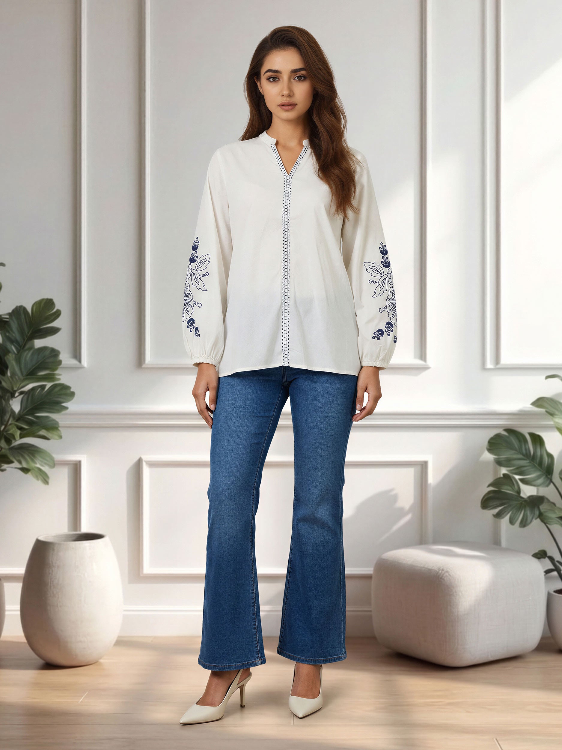 Blue Bloom Top- Embroidered