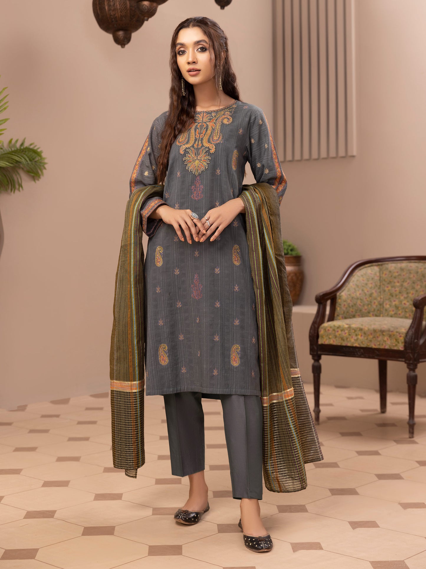 3 Piece Embroidered Yarn Dyed Suit