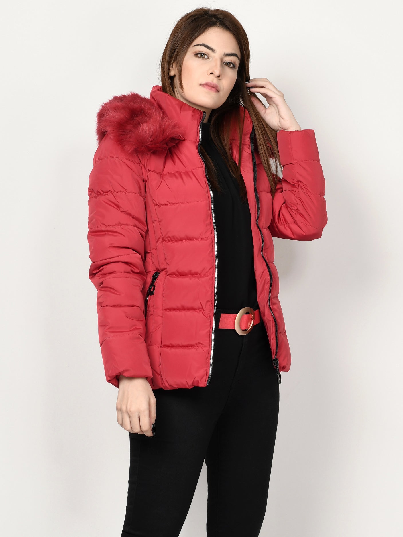 Faux Fur Puffer Jacket - Red – Limelightpk