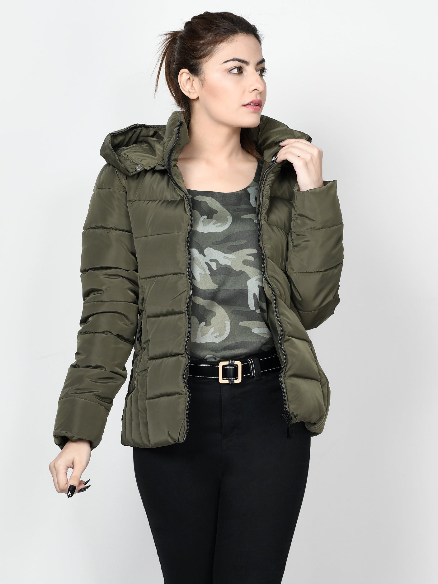 Faux Fur Puffer Jacket - Army Green