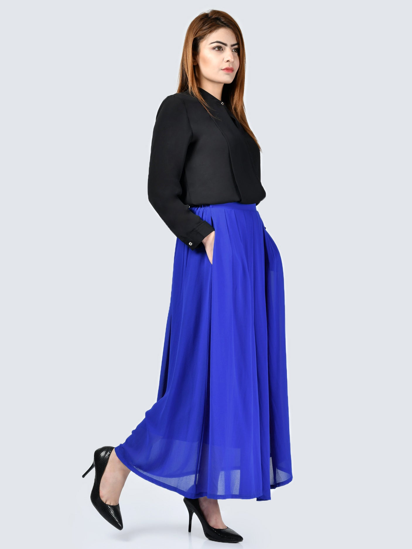 Pleated Chiffon Skirt-Blue