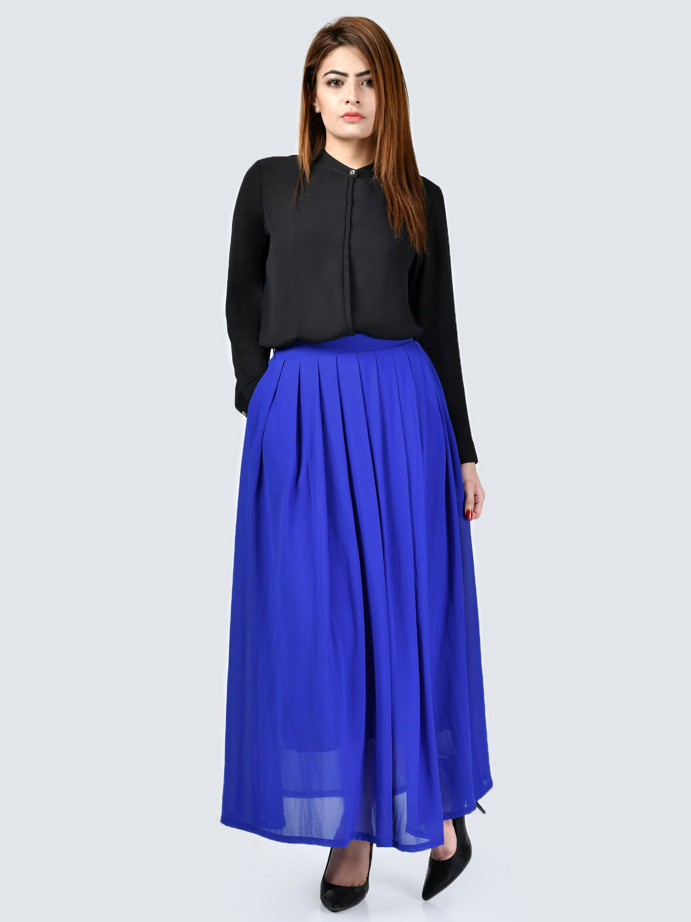 Pleated Chiffon Skirt-Blue