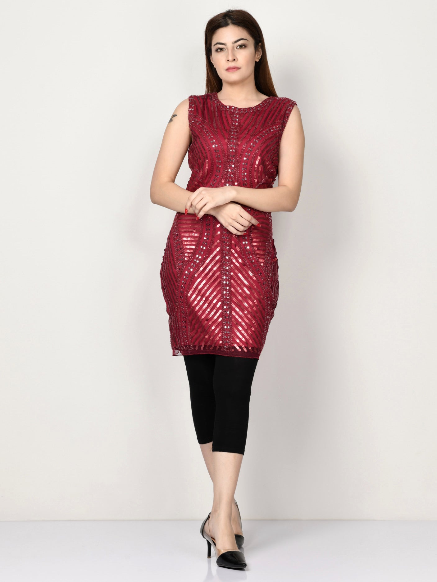 Embellished Net Dress - Dark Red