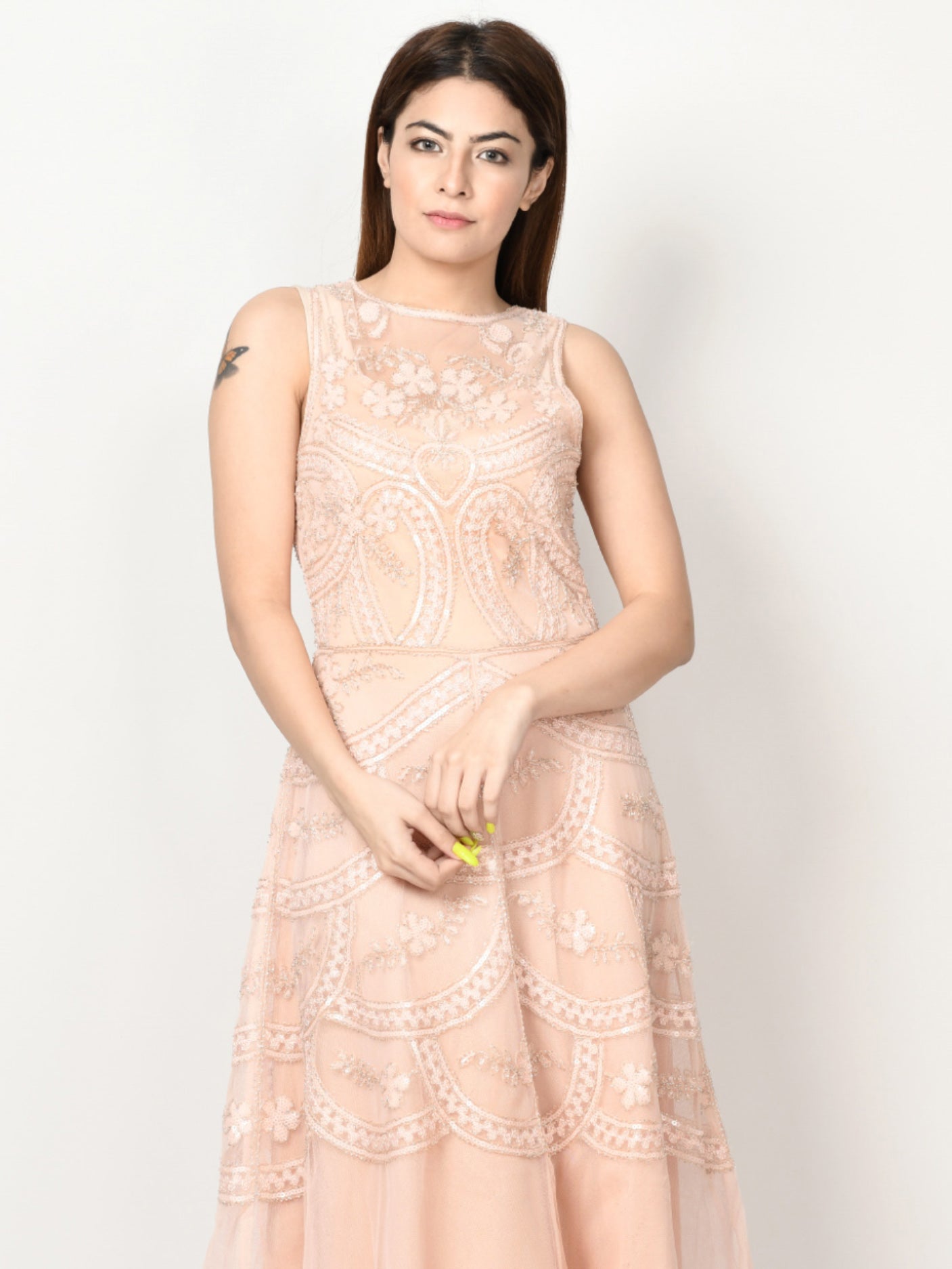 Embellished Net Dress - Light Peach