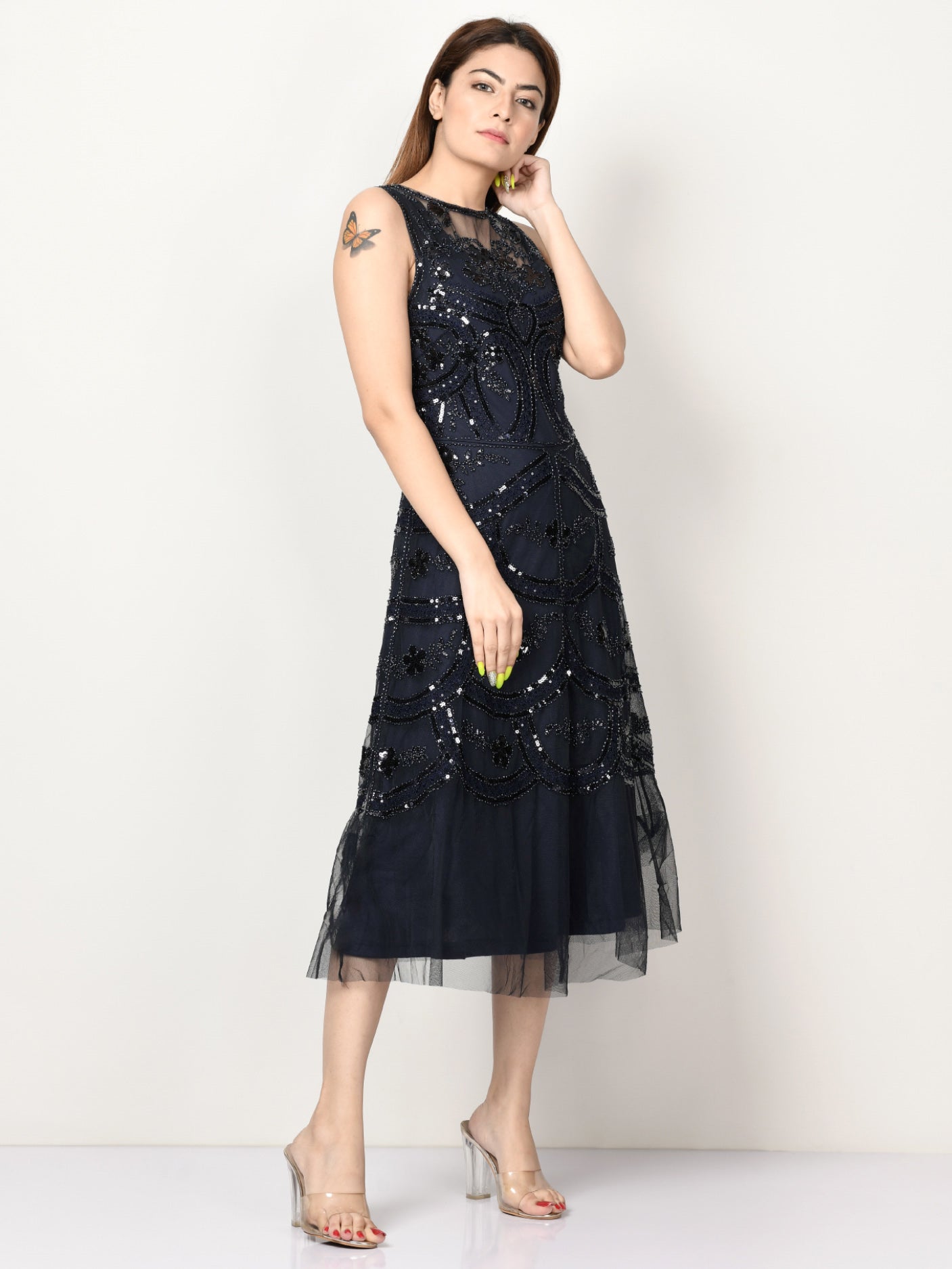 Embellished Net Dress - Navy Blue