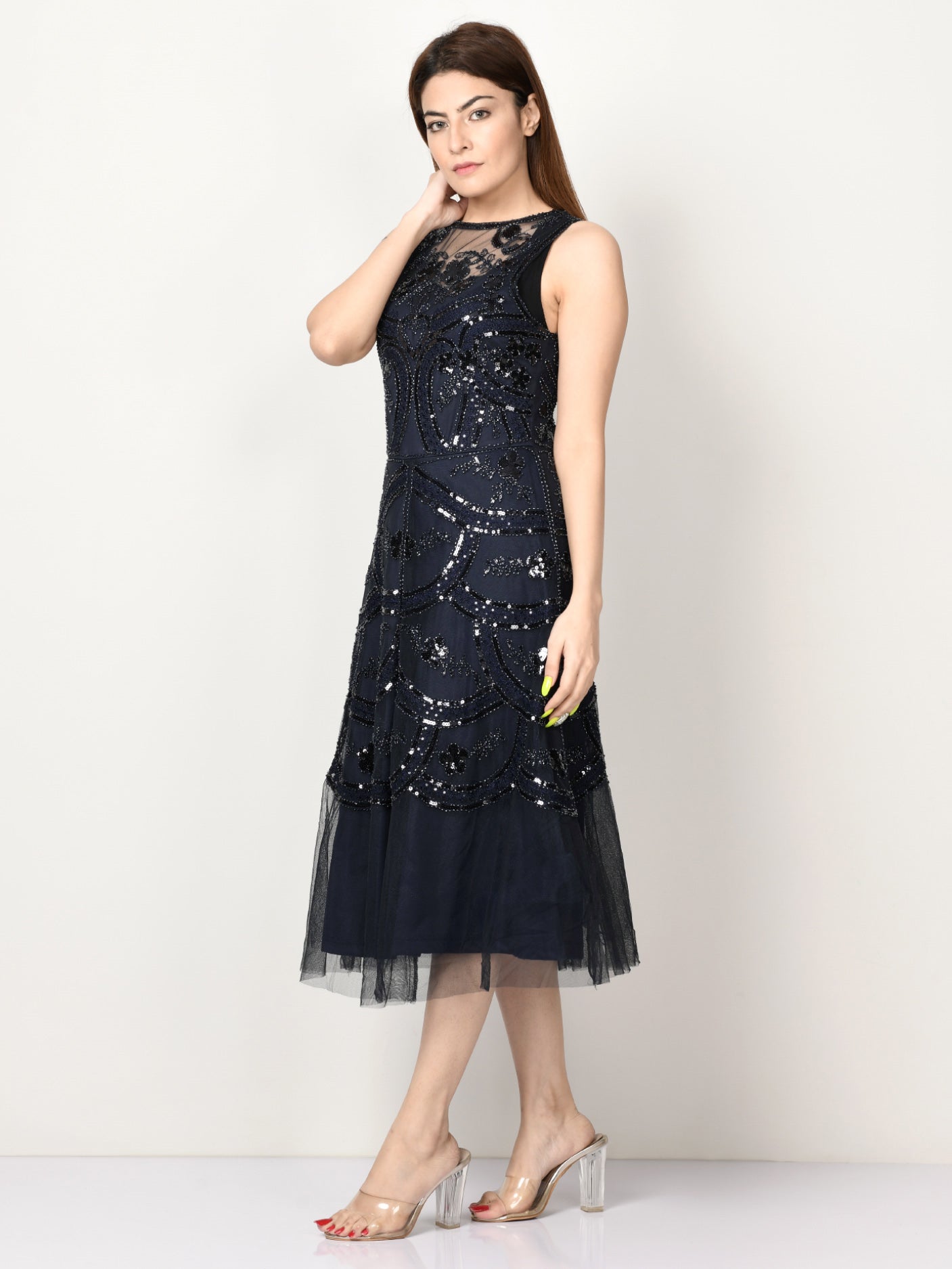 Embellished Net Dress - Navy Blue