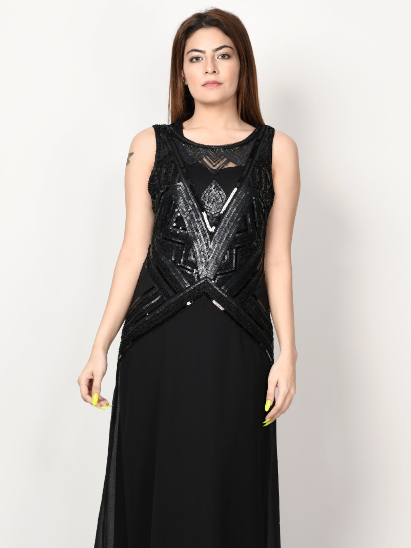 Sequin Embroidered Net Dress Black Limelightpk