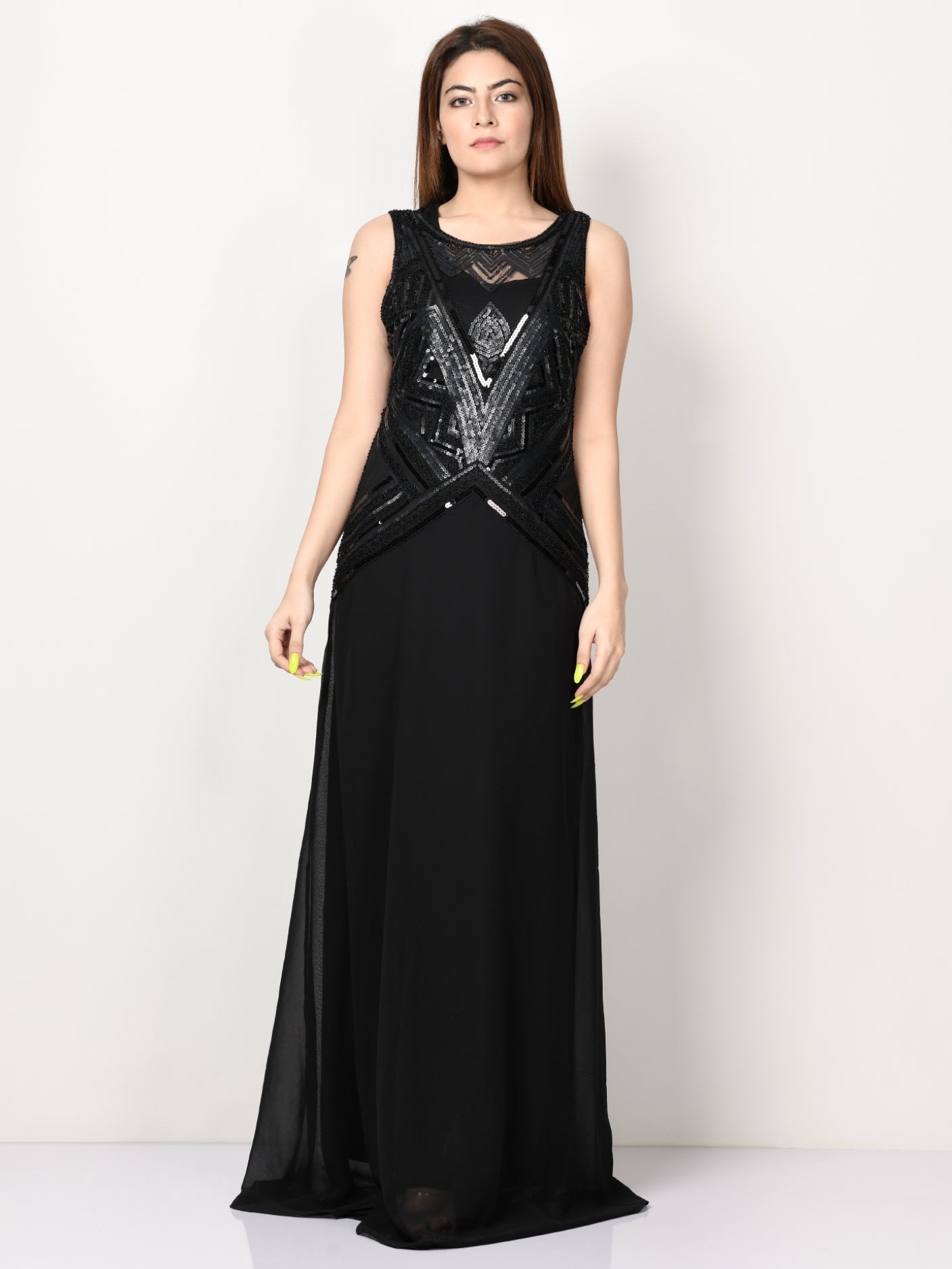 Sequin Embroidered Net Dress Black Limelightpk