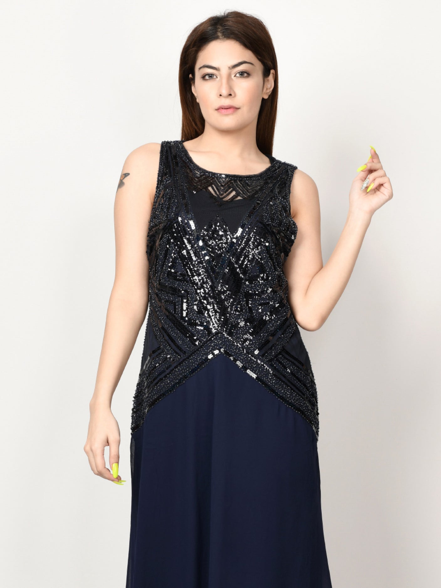 Sequin Embroidered Net Dress - Navy Blue