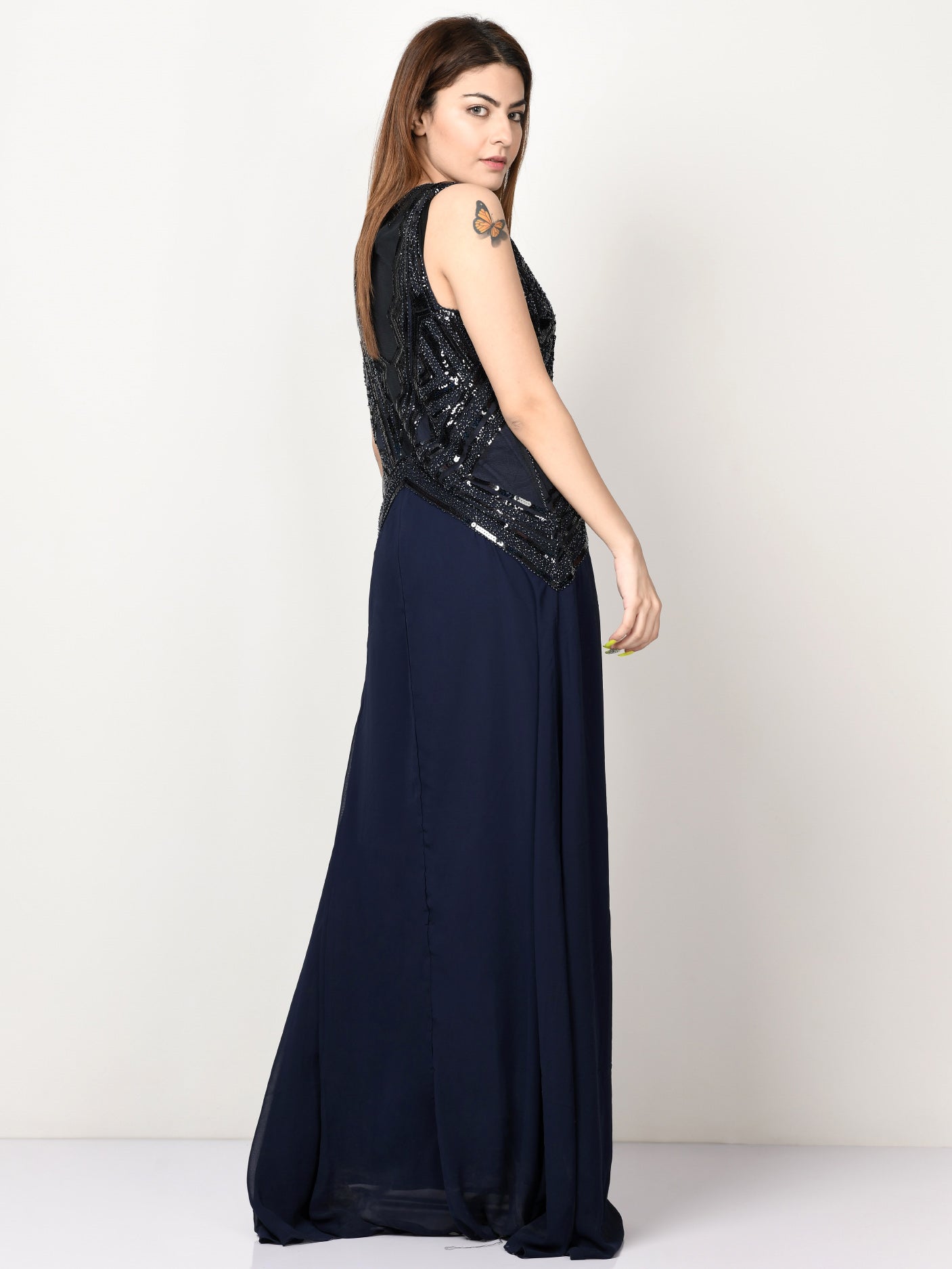 Sequin Embroidered Net Dress - Navy Blue