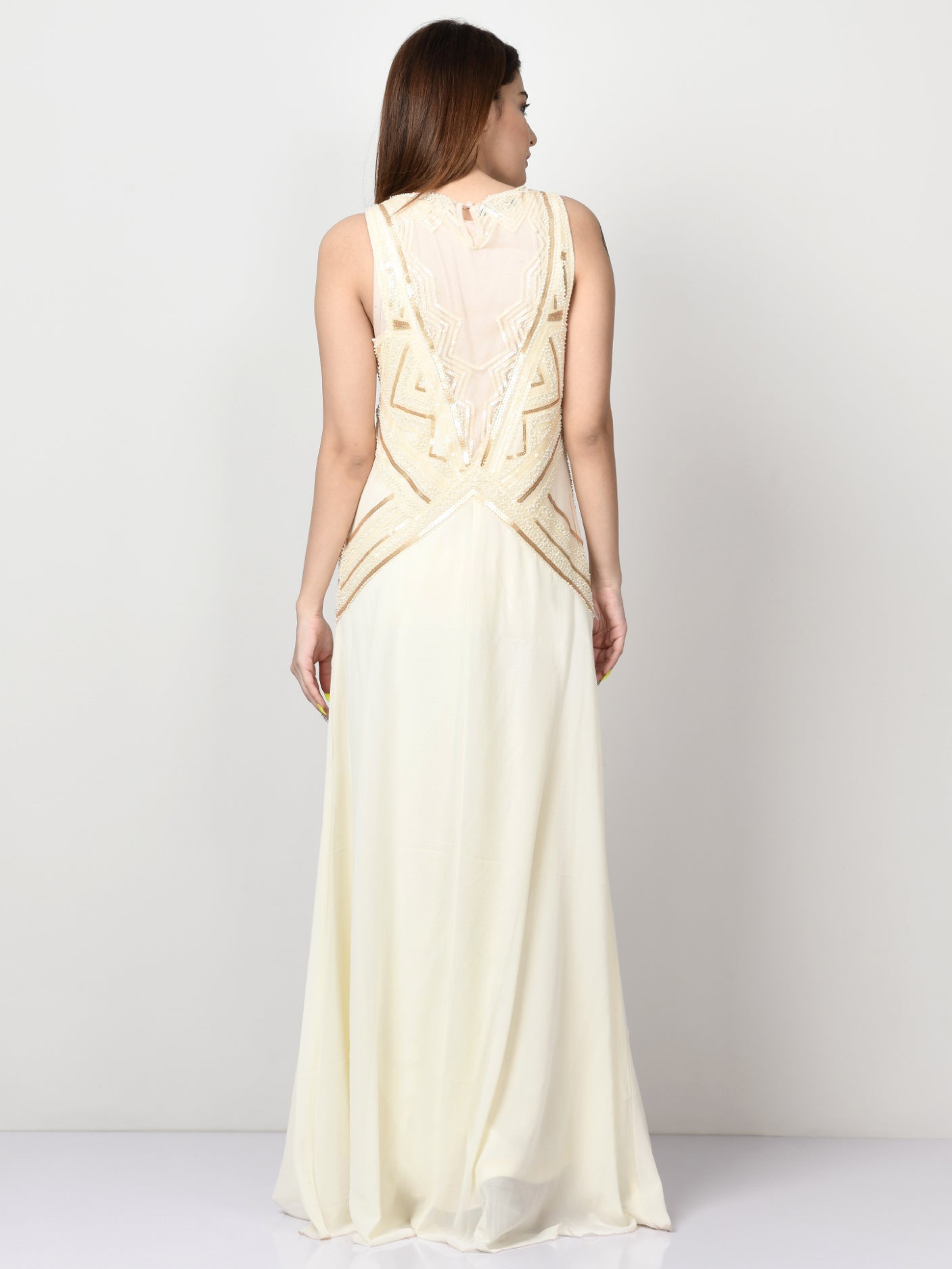 Sequin Embroidered Net Dress - Off White
