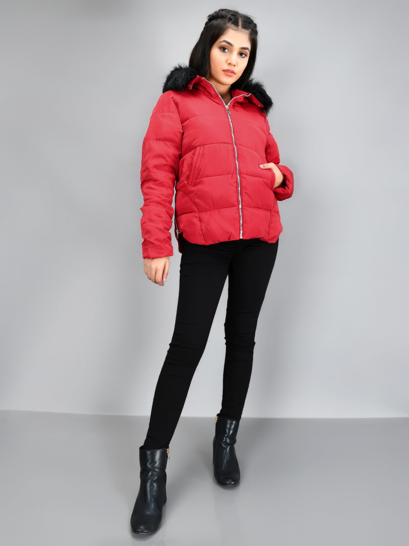 Faux Fur Puffer Jacket - Red