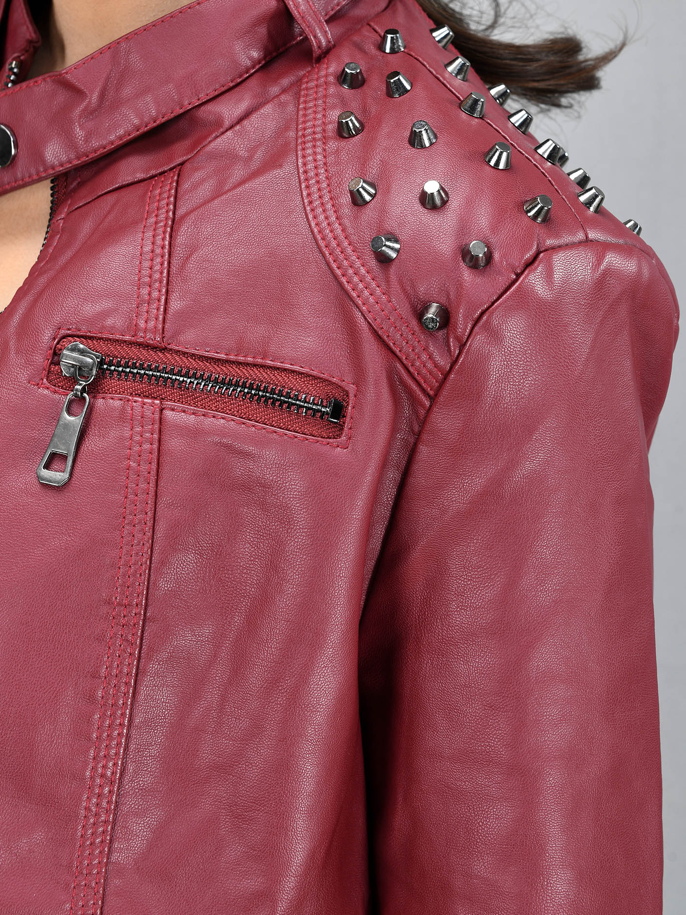 Studded Leather Jacket - Maroon