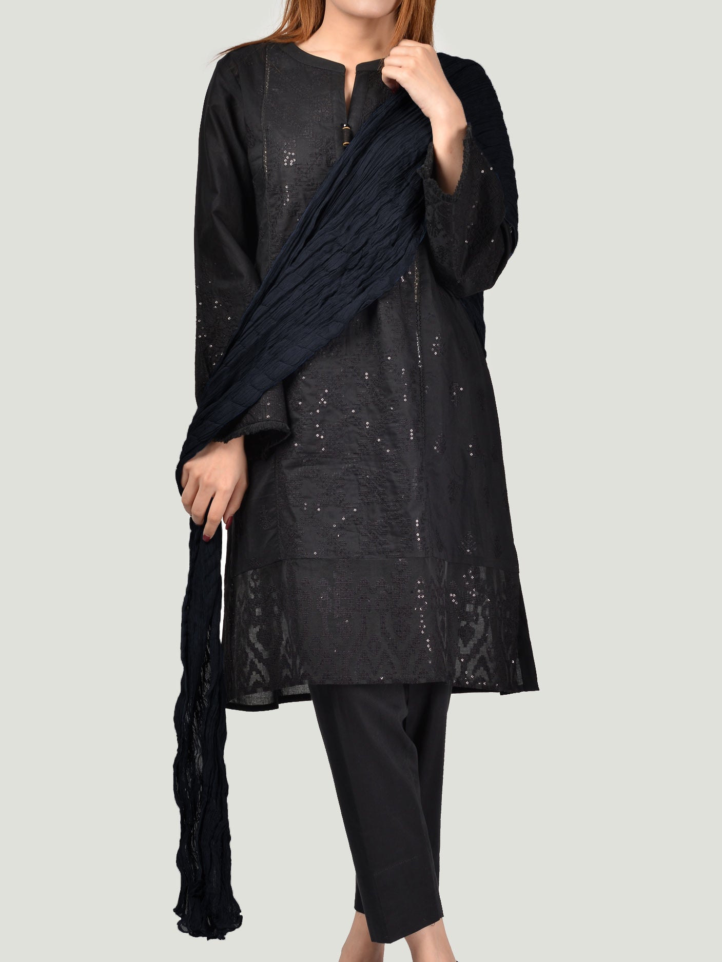 Crushed Dupatta-Dark Navy