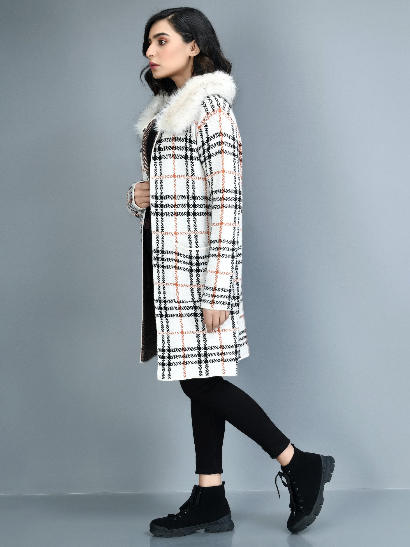 Checkered Faur Fur Coat