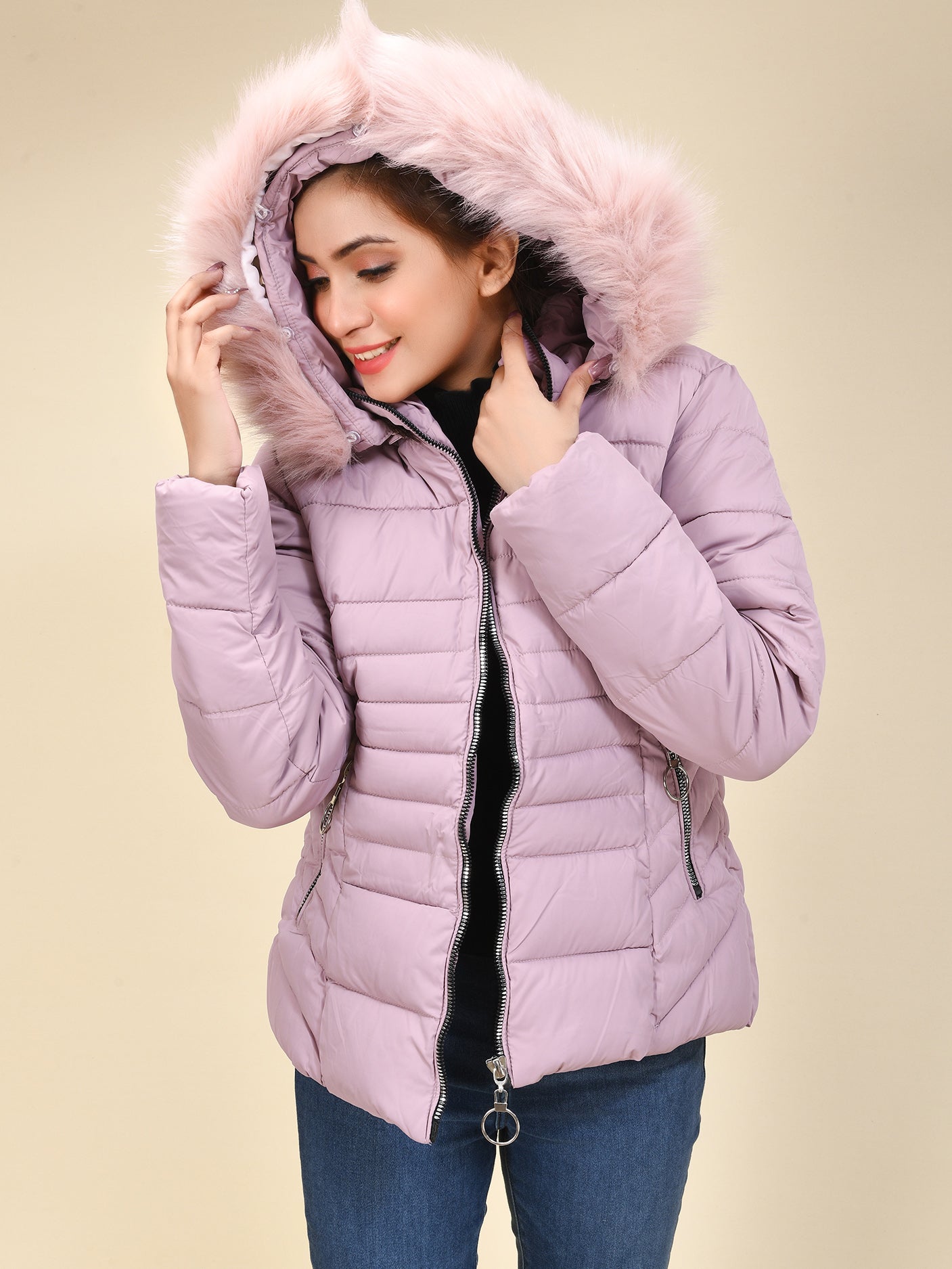 Faux Fur Puffer Jacket - Pink
