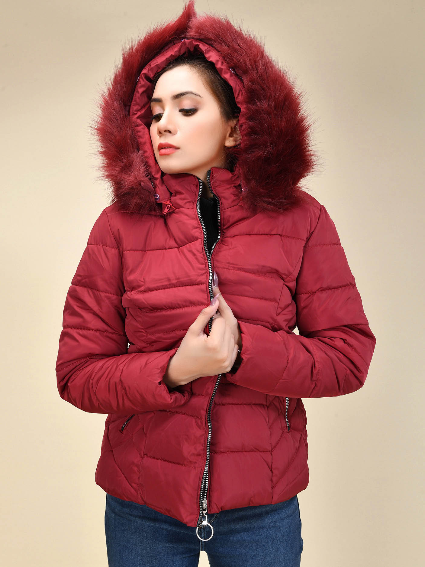 Faux Fur Puffer Jacket - Red